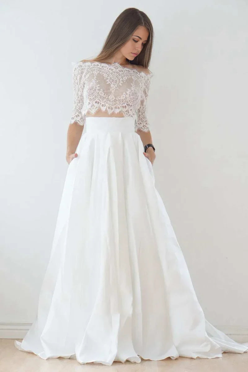 Vestido de novia de dos piezas de satén con encaje y hombros descubiertos, corte A y cola larga
